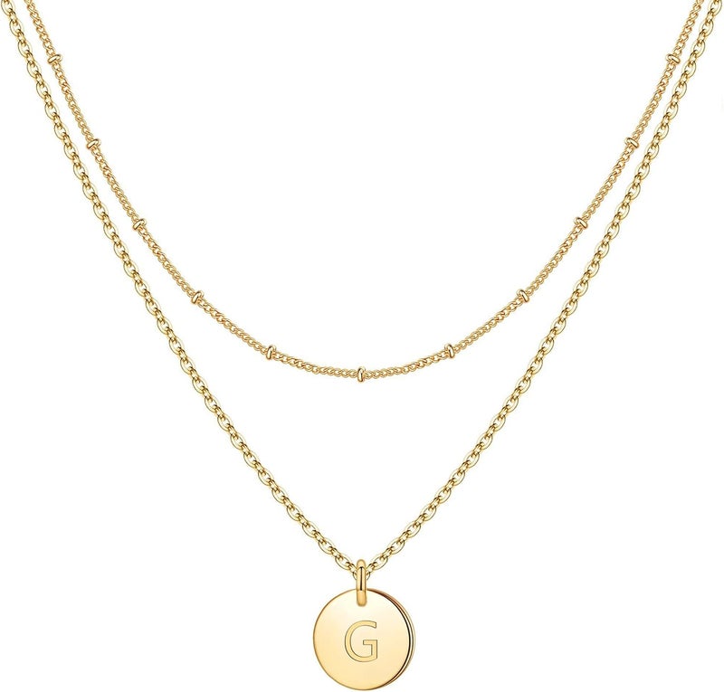 IEFWELL Valentines Gifts - Initial Necklaces for Women Girls, 14K Gold-Plated Silver Double Side Engraved Hammered Coin Necklaces, Layered Necklace Jewelry Pendant for Teen Girls - Image 1